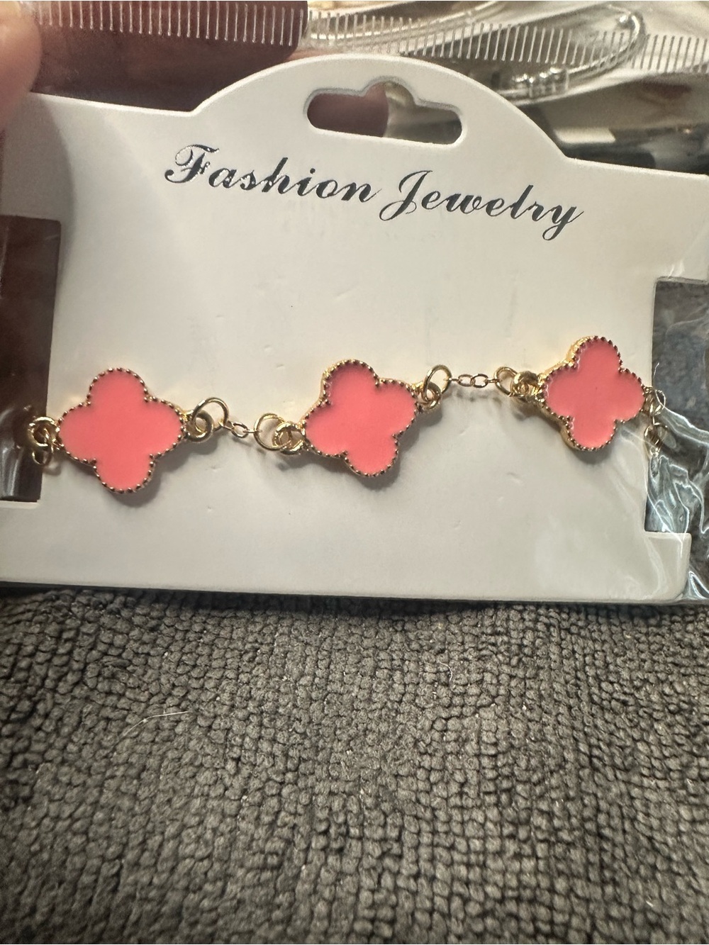 Fashion Jewelry Coral Pink Clover Link Bracelet with Gold Accents